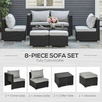Outsunny 8pc Outdoor Patio Furniture Set Weather Wicker Rattan Sofa Chair Black