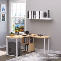 HOMCOM 360° Rotating Corner Desk L-Shaped PC Workstation Student Writing Table with Storage Shelf Home Office Oak Tone