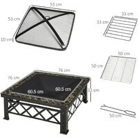 Outsunny 76cm Square Garden Fire Pit Square Table w/ Poker Mesh Cover Log Grate