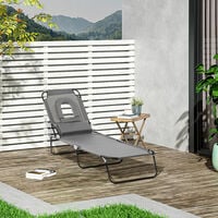 Outsunny Sun Lounger Foldable Reclining Chair with Pillow and Reading Hole Garden Beach Outdoor Recliner Adjustable Grey