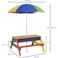 Outsunny Kids Picnic Table Set Wooden Rainbow Outdoor Parasol 95 x 88.5 x 48.7cm