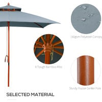 Outsunny 3m Wood Square Patio Umbrella Garden Market Parasol Sunshade Grey