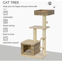 PawHut 3-Tier Rattan & Plush Cat Activity Tree Tower Centre Home Play Unit