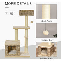 PawHut 3-Tier Rattan & Plush Cat Activity Tree Tower Centre Home Play Unit