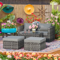 Outsunny 5 Pcs Rattan Garden Furniture Set Single Sofa Stool CoffeeTable Grey