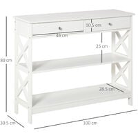 HOMCOM Console Table Side Desk Shelves Drawers Open Top X Support Hallway White