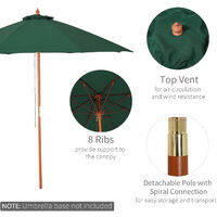Outsunny 2.5m Wooden Garden Parasol Outdoor Umbrella Canopy w/ Vent Green