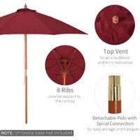 Outsunny 2.5m Wooden Garden Parasol Outdoor Umbrella Canopy w/ Vent Red