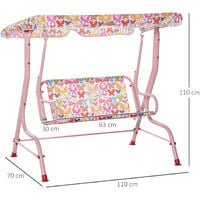 Outsunny Kids Two-Seater Swing Chair Garden Seat w/ Belt Adjustable Canopy Pink