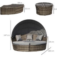 Outsunny Rattan Garden Furniture Cushioned Wicker Round Sofa Bed with Coffee Table Patio Conversation Furniture Set - Deep Grey