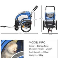 PawHut 2-in-1 Dog Bike Trailer Pet Stroller Carrier Reflector Flag 130x58x94cm