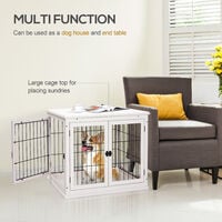 PawHut Pet Crate End Table Wooden Dog Kennel Cage w/ Metal Wire 3 Doors Latches Small Animal House Modern Design Indoor White 81 x 58.5 x 66 cm