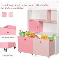 HOMCOM Kids Bookshelf Chest Drawer with Wheels Baby Toy Wood Organizer Pink