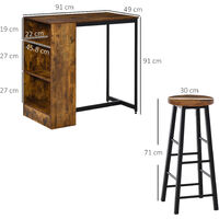 HOMCOM 3 Pieces Bar Table Set Height Table 2 Stools w/ Storage Shelf, Footrest