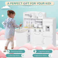 HOMCOM Kids Play Kitchen Wooden Toy Kitchen Cooking Set for Children with Drinking Fountain, Microwave, and Fridge White