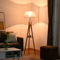 HOMCOM Tripod Floor Lamp Light E27 Base w/ Fabric Shade Storage Shelf, Grey