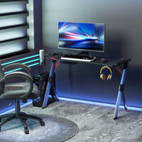 HOMCOM LED Breathing Lights Gaming Table Computer Desk Carbon Fiber Feel Desktop Steel Frame with Cup Holder, Headphone Hook, Basket, Black