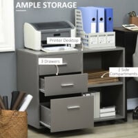 HOMCOM Freestanding Printer Stand Unit Office Desk Side Mobile Storage w/ Wheels 3 Drawers, 2 Open Shelves Modern Style 80L x 40W x 65H cm - Grey