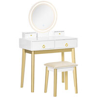HOMCOM Dressing Table Set w/ LED Light Mirror 4 Drawer Cabinet Stool Makeup Desk White