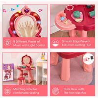 HOMCOM 36 Pcs Children Vanity Musical Dressing Table Kids Magic Glamour Princess Mirror Make Up Desk With Stool Beauty Kit Lights Pretend Toy for 3 Years Old Wine Red+Pink