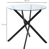 HOMCOM Side Table with Clear Tempered Glass Top, Round Table with Metal Legs, Modern Dining Table Furniture for Dining Room Living Room, Black