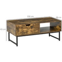 HOMCOM Industrial Coffee table Wooden End Table with Shortage Shelf and Drawer Modern Sofa Table for Living Room, Office, Reception Room Wooden Tabletop Metal Frame, Rustic Brown 106W x 48D x 43H cm