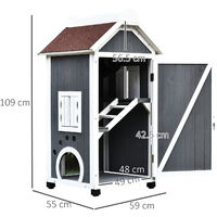 PawHut Wooden Cat House, Weatherproof Pet Shelter, Outdoor Cat Condos Cave, 2 Floor Furniture, Grey and White
