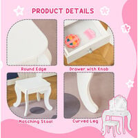 HOMCOM Kids Unicorn & Hearts Dressing Table & Stool Set | Vanity Make Up Desk White