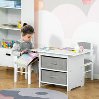 HOMCOM 3 Pcs Kids Table & Chairs Set Toddler Furniture w/ Storage Drawers White