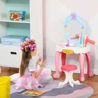 HOMCOM Kids 20 Pcs Dressing Table Set Children's Vanity Make Up Desk w/ Stool Lights 3-6 Yrs