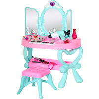 HOMCOM Kids 2-In-1 Musical Piano Dressing Table Set w/ Beauty Kit Stool Light 3-6 Yrs