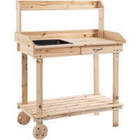 Outsunny Wooden Potting Bench Work Table w/ Wheels Sink Drawer Garden Outdoor Flowering