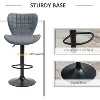 HOMCOM Bar Stools Set of 2 Adjustable Height Swivel PU Leather Bar Chairs Grey