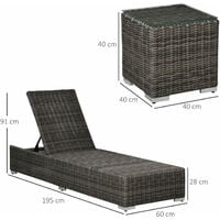 Outsunny 3-PCS PE Rattan Wicker Sun Lounger Set Half-Round Wicker Recliner Bed