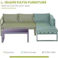 Outsunny 3 PCs L-shape Garden Corner Sofa Set with Padded Cushions, Aluminium