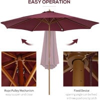 Outsunny 3m Fir Wooden Garden Parasol Sun Shade Outdoor Umbrella Canopy Wine Red