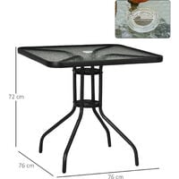 Outsunny Square Patio Table, Tempered Glass Top Bistro Table, Garden Dining Table, Outdoor Accent Coffee Table 76 x 76cm Steel Frame with Umbrella Hole