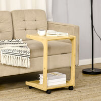 HOMCOM C-Shaped Side Table, Mobile End Table, Under Sofa Table with Wheels, Bamboo Frame for Living Room, Bedroom