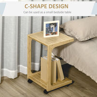 HOMCOM C-Shaped Side Table, Mobile End Table, Under Sofa Table with Wheels, Bamboo Frame for Living Room, Bedroom