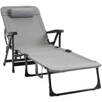 Outsunny Folding Chaise Lounge, Garden Lounger Headrest Cup Holder, Light Grey