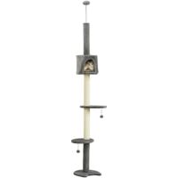 PawHut Floor to Ceiling Cat Tree with Condo Scratching Post, Light Grey