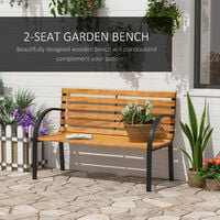 Outsunny 2 Seater Garden Bench Metal Wooden Slatted Seat Backrest Patio Chair