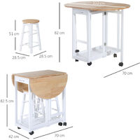 HOMCOM 3pc Wooden Kitchen Cart Trollet Table Folding Stools Space-saving