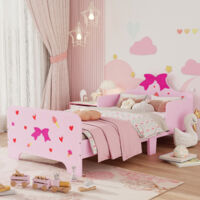 ZONEKIZ Kids Toddler Bed w/ Cute Patterns, Safety Rails - Pink