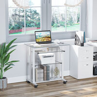 HOMCOM Computer Workstation Laptop PC Desk Glass Writing Table Stand w/ Wheels White