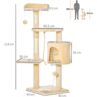 PawHut Cat Tree Pet Activity Centre Kitty Condo Climbing Scratching Post with Toys 4-tier 114cm Tall Beige