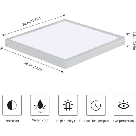 GOECO LED Ceiling Light, 24W 2700LM IP45 Waterproof Ceiling Light, Modern Slim 6500K Cool White Ceiling Light for Bathroom, Living Room, Bedroom, Kitchen, Balcony 30X30cm