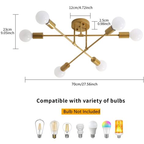 GOECO Modern Sputnik Chandelier Lamps 6 Lights E27 Vintage Gold Ceiling Lights Semi Flush Mount Ceiling Lamp Brushed Antique Nordic Home Decoration for Living Room Bedroom Kitchen Dining Room