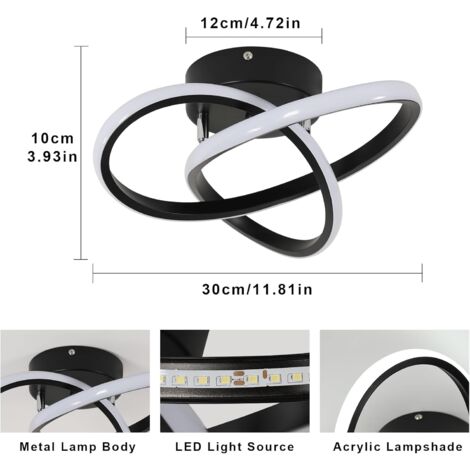 GOECO Modern Design 30W 6000K Cool White LED Ceiling Light Fixture Diameter 30cm for Living Room Bedroom Dining Room Office Black