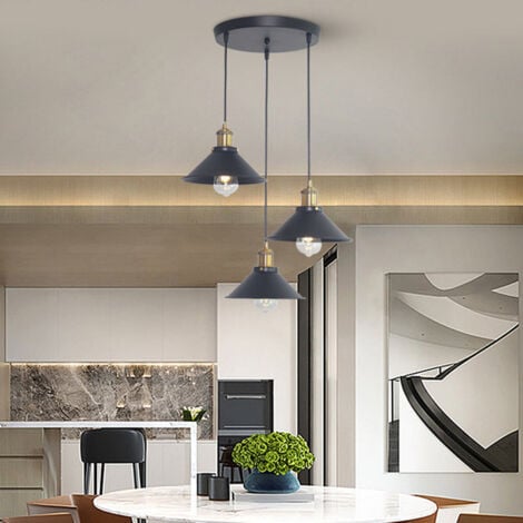 GOECO Industrial Pendant Light with 3 Lamps, Retro Ceiling Light in Black Metal, E27 Sockets, Ø22CM, with 100CM Adjustable Cable for Living Room, Bedroom, Kitchen (Without Bulbs)